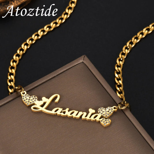 Atoztide Personalized Custom Name Necklace Zircon Heart Crown for Women Stainless Steel Pendant Box Chain Birthday Jewelry Gift