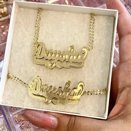 18K Gold Plated Nameplate Necklace Personalized Double Layer 3D Necklaces With Heart Customized Name Stainless Steel Jewelry